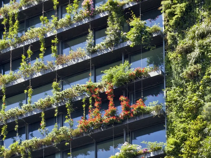 Multi‑story vertical garden facade with stainless steel cable rope mesh system