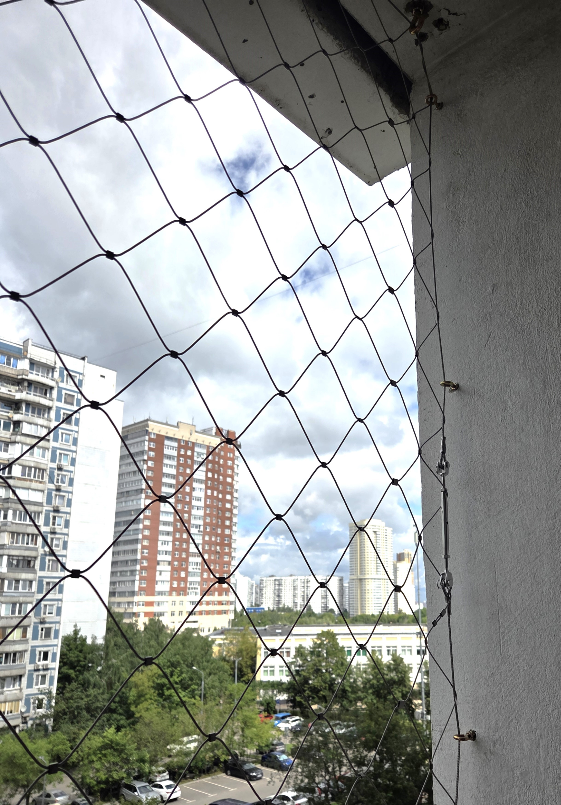 Close-up tension fixing hardware of balcony safety cable mesh