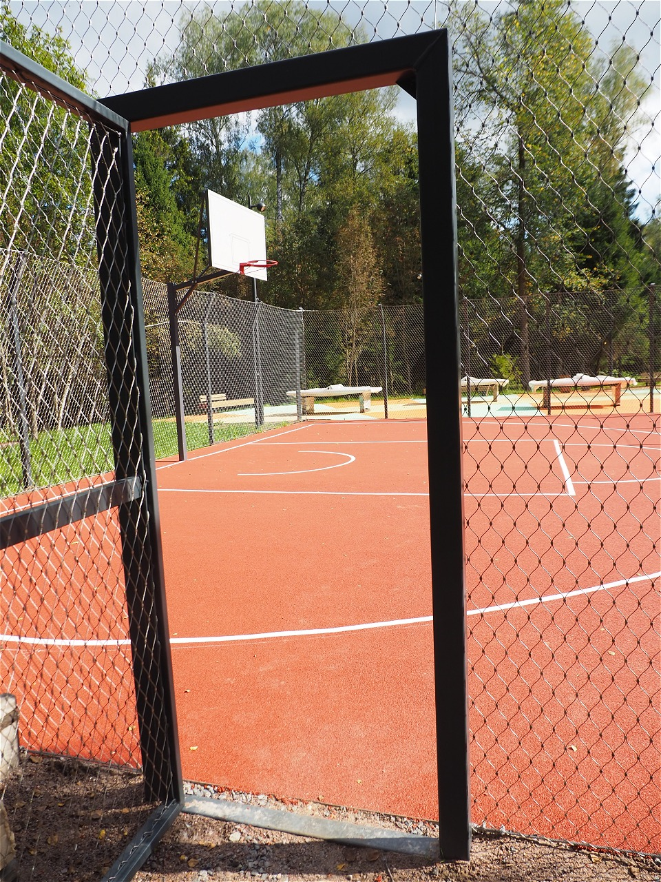Integrated matching access gate for park basketball court stainless rope mesh fence